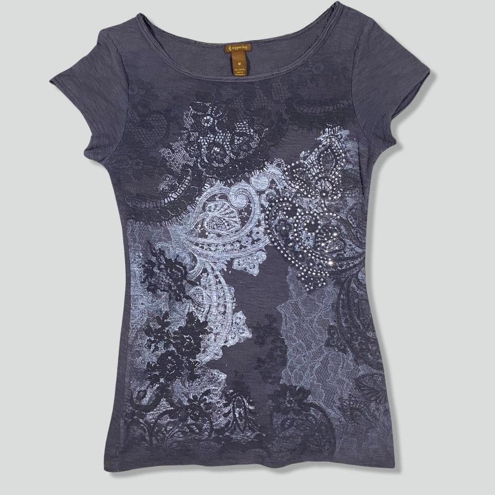 copper key y2k affliction style wild print blinged out grunge top.